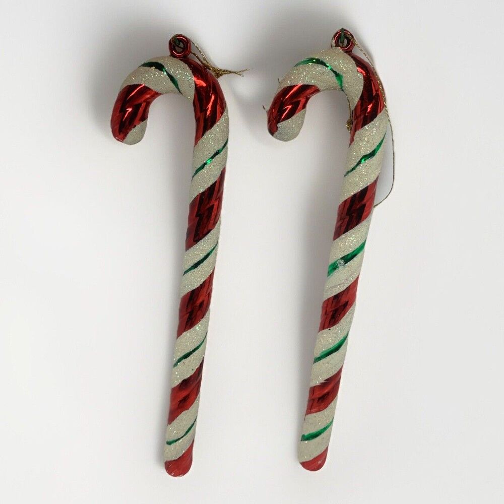 Glass Candy Cane Christmas Ornaments Lot Of 2 Glitter Holiday Decorations 7.5”